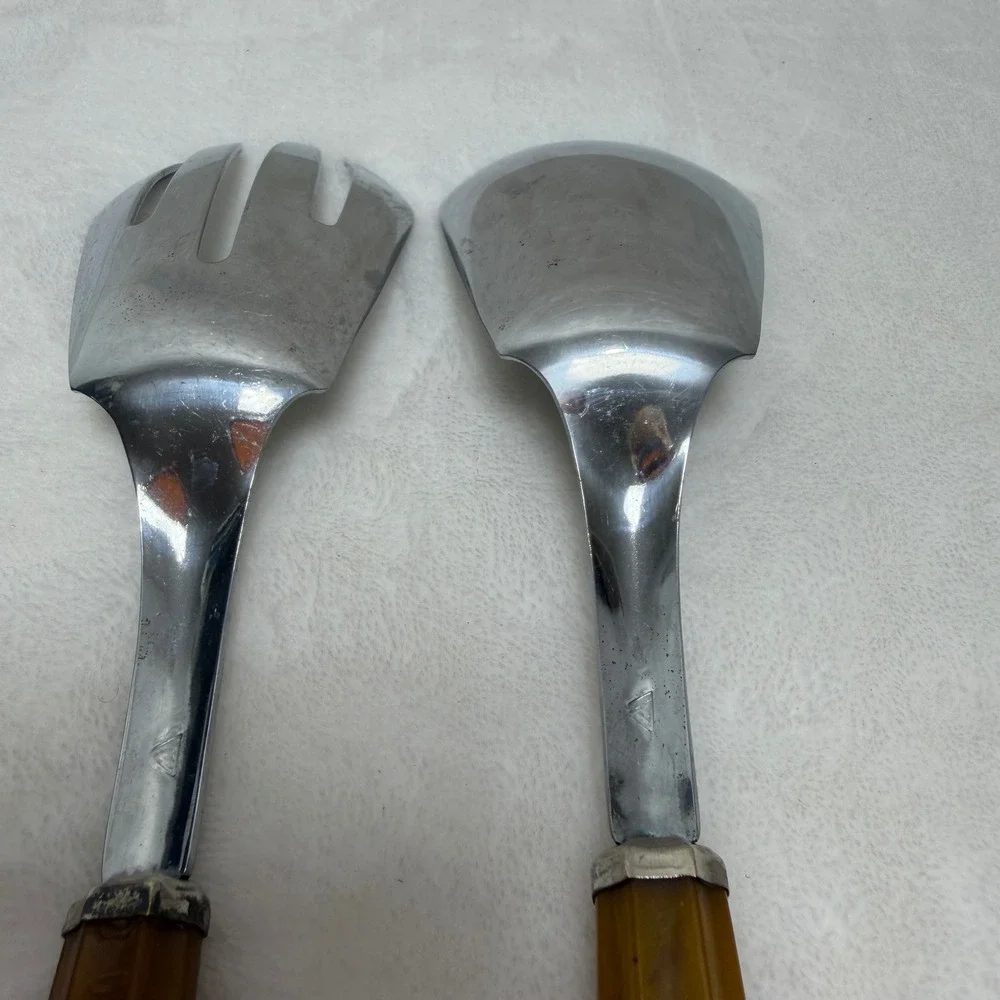 VTG Butterscotch Amber Marbled Salad Serving Set Fork and Spoon MCM Retro Farm